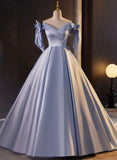 Patcute 2024 Blue Satin Ball Gown Off Shoulder Long Party Dress, Blue Satin Prom Dress
