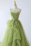 Patcute 2024 Green Tulle Straps Long Formal Dress, Green Tulle Evening Dress Party Dress