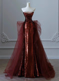 Patcute 2024 Wine Red Sequins and Tulle Beaded Long Party Dress, Wine Red Evening Dress