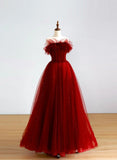 Patcute 2024 Wine Red Tull A-line Scoop Long Prom Dress, Wine Red Tulle Evening Dress