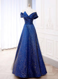 Patcute 2024 Blue A-line Satin with Tulle Long Prom Dress, Blue Long Evening Dress Party Dress