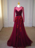 Patcute 2024 A-line Wine Red Velvet and Tulle Long Party Dress, Wine Red Evening Dress Prom Dress