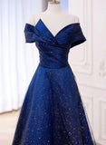 Patcute 2024 Blue A-line Satin with Tulle Long Prom Dress, Blue Long Evening Dress Party Dress