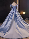 Patcute 2024 Blue Satin Ball Gown Off Shoulder Long Party Dress, Blue Satin Prom Dress