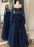 Patcute 2024 Navy Blue Tulle with Lace Long Sleeves Prom Dress, Navy Blue Party Dress