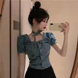 Patcute  New Summer French Style Denim Shirt Women  Puff Sleeve Jacket Tops Single Breasted Vintage Jean Coat Streetwear