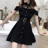 Patcute  Summer Women Off-shoulder Single Breasted Dress Female Sweet Black Turn-down Collar Mini Short Dresses With Belt