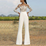 Patcute  Quality 2 Piece Set Women Tops And Pants Fashion Elegant Embroidered Mesh Tulle T-shirts + Flare Pants Long Trousers White