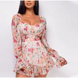 Patcute   Summer Women Jumpsuits Long Sleeve Lace Up Ruffles Floral Print Rompers Female Playsuits  Square Collar Outfits