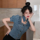Patcute  New Summer French Style Denim Shirt Women  Puff Sleeve Jacket Tops Single Breasted Vintage Jean Coat Streetwear