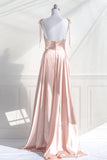 Patcute 2024 Pink Satin Straps Low Back Long Evening Dress, Pink Satin Prom Dress