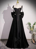 Patcute 2024 Black Satin Sweetheart Long Prom Dress with Bow, Black Long Evening Dress
