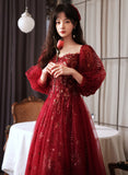 Patcute 2024 Wine Red Tulle Shiny Tulle Puffy Sleeves Prom Dress, Wine Red Long Party Dress