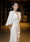Patcute 2024 Beautiful White Puffy Sleeves Long Party Dress with Leg Slit, White Wedding Party Dress