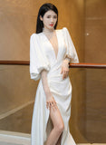 Patcute 2024 Beautiful White Puffy Sleeves Long Party Dress with Leg Slit, White Wedding Party Dress