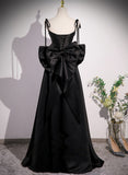 Patcute 2024 Black Satin Sweetheart Long Prom Dress with Bow, Black Long Evening Dress