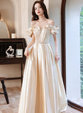 Patcute 2024 Champagne Satin Long Off Shoulder Prom Dress, A-line Beaded Evening Dress