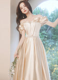 Patcute 2024 Champagne Satin Long Off Shoulder Prom Dress, A-line Beaded Evening Dress