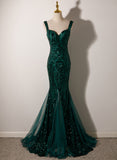 Patcute 2024 Green Mermaid Long Straps Sequins Long Prom Dress, Green Mermaid Evening Dress