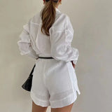 Patcute  Casual 2 Piece Sets Women Outfit Long Sleeve Blouse And High Waist Shorts Summer Streetwear Elegant White Loose Female Suits