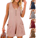 Patcute  Women Sleeveless Jumpsuits Summer Vintage Solid Large Pocket Loose Shorts Rompers Female Casual One Piece Outfit Clothes