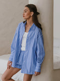 Patcute   Fashion New Women Nightwear Suit Long Sleeve Nightgowns Turn-Down Collar Pajamas Shorts Striped Ladies Sleepwear Set