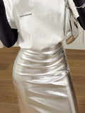 Patcute   Bodycon Silver PU Skirt For Women Fashion Solid High Waist Slim Long Skirt Female Y2k Slim Elegant Slit Midi Skirts Woman