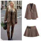 Patcute    Autumn New Loose and Slim Suit Coat Leather Buckle Decoration Wide Pleated Skirt Pants Two Piece Set