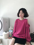 Patcute   Kawaii Cute Off Shoulder Pink Sweatshirt Women Korean Preppy Fashion Long Sleeve Hoodie Sweet Bow Grey Loose T-shirts