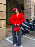 Patcute  Elegant Women Solid Red V Neck Batwing Long Sleeves Cropped Coat 2024 Fashion Single-breasted Jacket Chic Lady High Street Wear