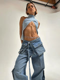 Patcute  Bandage High Waisted Baggy Jeans Women Blue Pockets Lace Up Cargo Pants Woman Street Casual Oversized Denim Pant Femme