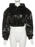 Patcute   Winter Autumn Women Moto Biker Leather Jacket Solid Black Long Sleeve Cropped Tops Outwear Coat Hoodies For Women