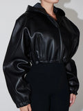 Patcute   Winter Autumn Women Moto Biker Leather Jacket Solid Black Long Sleeve Cropped Tops Outwear Coat Hoodies For Women