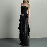 Patcute   Y2k Tank Tops Asymmetrical Fringed Ruffle Top Streetwear Black Strapless Womans Summer Clothes
