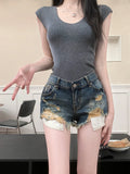 Patcute   Sexy Low Waist Ripped Jean Shorts Women Summer 2024 Fashion Street style Y2k Retro Do old Washed Denim Shorts