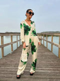 Patcute  Lady Elegant Tie Dye Print Long Sleeves Shirt High Waist Pants Set Casual Single Breasted Blouse Wide Leg Pants Suit Lady Outfit