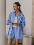 Patcute   Fashion New Women Nightwear Suit Long Sleeve Nightgowns Turn-Down Collar Pajamas Shorts Striped Ladies Sleepwear Set