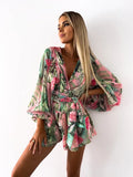 Patcute  Deep V Neck Jumpsuit for Women, Boho Beach Vacation Outfit, Sexy Lantern Sleeve Rompers, Casual Shorts, Summer Fashion