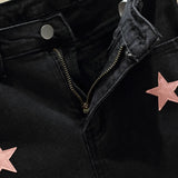 Patcute  Plus Size L-5XL Eastic Black Jeans For Women High Waist Star Embroidery Denim Pants Female Y2K Fared Trousers Clothing  New