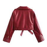 Patcute   Bandage Red PU Jackets For Women Fashion Zipper Turn Collar Lace Up Coat Womens Winter Street Casual Short Jacket Woman
