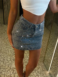 Patcute  Blue Diamond Skirt For Summer Women Y2K High Waist A-line Straight Mini Skirts Sparkly Crystal Denim Skirts Short