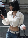 Patcute   Harajuku White T-shirts Women Blouse Autumn Long Sleeve Hollow Out Turn-down Collar Blouse Shirt High Street Y2K Tops Tee
