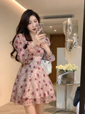 Patcute  Vintage Sweet Korean Fashion Floral Bodycon Mini Dress for Women Party Beach Long Sleeve Casual Dresses Elegant Summer  Pink