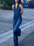 Patcute   Y2k Denim Jumpsuit Women 2023 New V-Neck Sleeveless Slim Bodycon Jumpsuits Overalls Streetwear One Piece Outfits Jeans