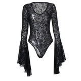 Patcute  Gothic Women's Plus Size Mesh Sheer Bell Long Sleeve See Through Tee Top Aesthetic Fashion Trendy Slim T-Shirts Crop Top