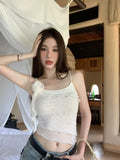 Patcute   Y2k Cute Beige Mesh T-shirts Women Korean Style Flower Slip Tees Coquette Streetwear Ruffles Corset Crop Tops Summer