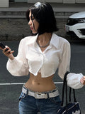 Patcute   Harajuku White T-shirts Women Blouse Autumn Long Sleeve Hollow Out Turn-down Collar Blouse Shirt High Street Y2K Tops Tee
