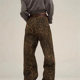 Patcute  Y2K Leopard Wide Leg Denim Pants Women Vintage 2000s Style Hip Hop Streetwear High Waist Straight Trousers Loose Baggy Jeans