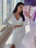 Patcute   Summer New Two Piece Set Women Outfits Casual White Crop Top And Midi Skirt Sets Wrap Bodycon Long Dress Knit Dresses Set