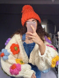 Patcute  Handmade Crochet Flower Cardigans Coats Women Sweater  Autumn Lantern Sleeve Button High Street Sweet Tops Pull Mujer